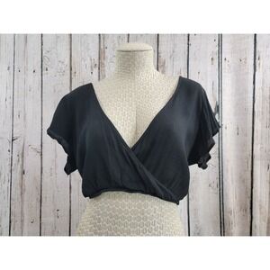 Tobi Womens Small Black Flutter Sleeve Tie-Back Cropped Crop Top Blouse EUC